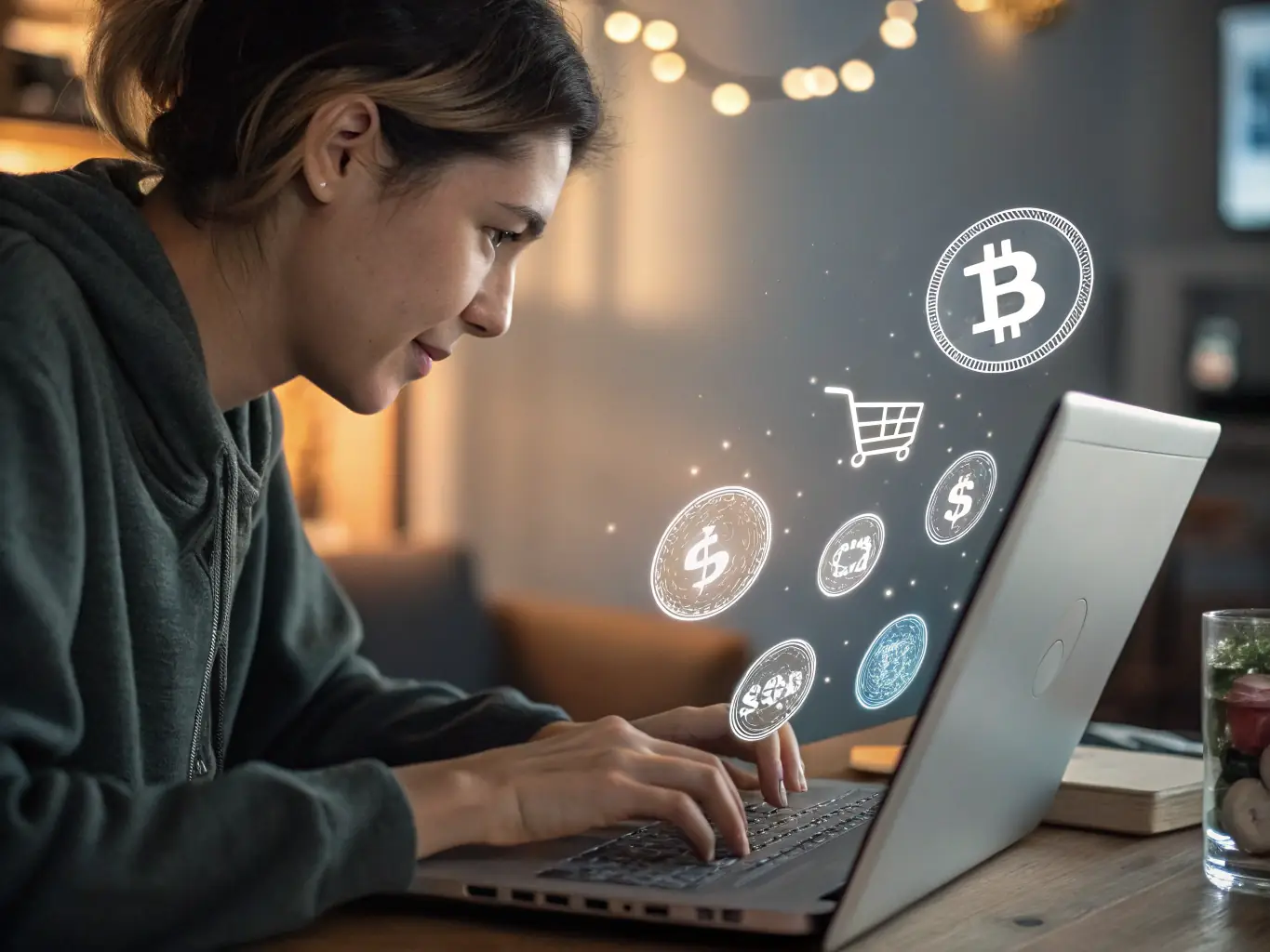 A person browsing an online store on a laptop, with ShopCoin tokens visually appearing as rewards for their purchase. The background includes affiliate marketing icons and blockchain symbols.