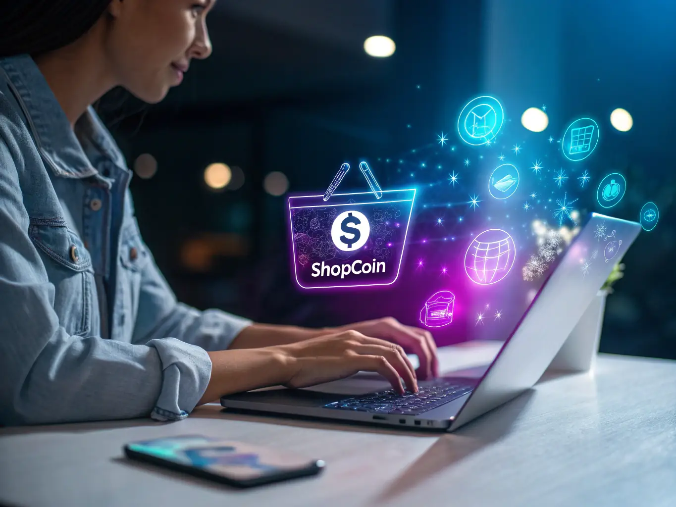 A vibrant digital illustration showcasing a user shopping online with ShopCoin tokens accumulating in their digital wallet, symbolizing the ease and benefits of earning rewards while shopping.