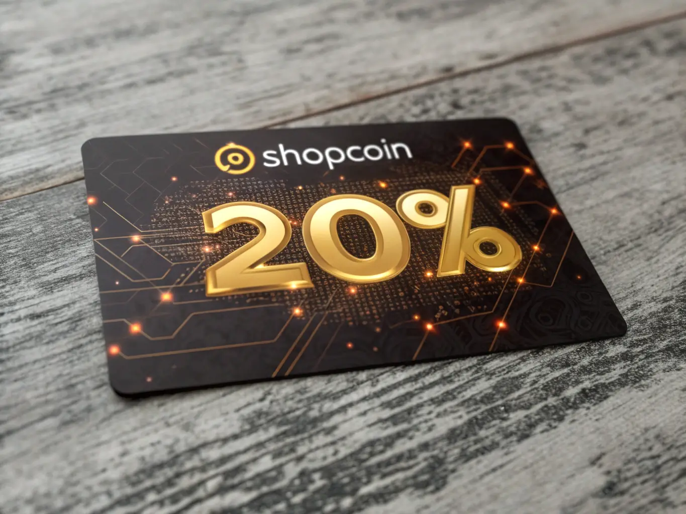 A sleek NFT coupon design featuring a prominent discount percentage and the ShopCoin logo, visually representing the exclusive savings available to ShopCoin holders.