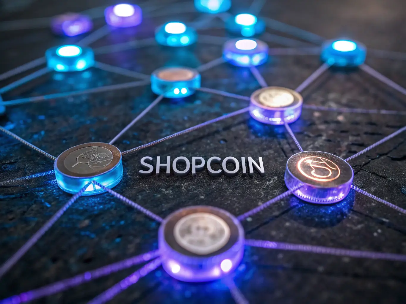 A secure blockchain graphic with ShopCoin tokens circulating within, emphasizing the decentralized and transparent nature of the rewards system.