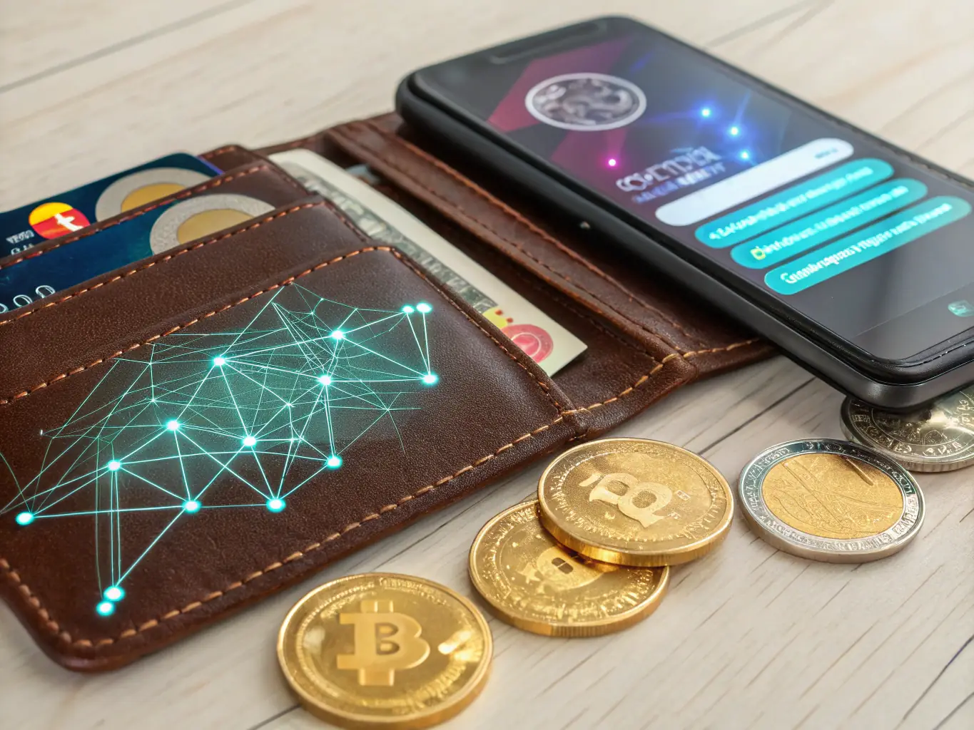 A digital wallet displaying ShopCoin tokens, with a visual representation of the tokens being transferred or traded on a blockchain network.