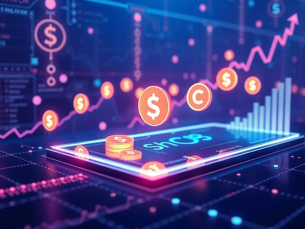 A futuristic representation of ShopCoin being traded on a decentralized exchange, emphasizing its potential for growth.