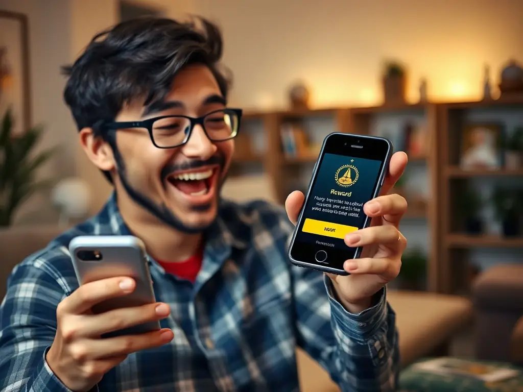 A person happily receiving ShopCoin rewards on their mobile phone after making an online purchase, showcasing the ease of earning rewards.